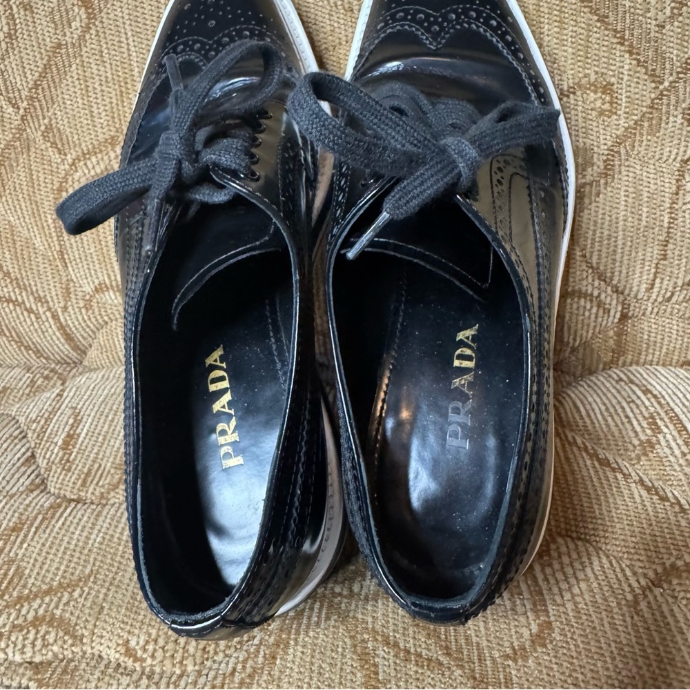 Prada Black Leather Wingtip Platform Brogues black FEMALE Platforms EU 38 - Picture 9 of 9